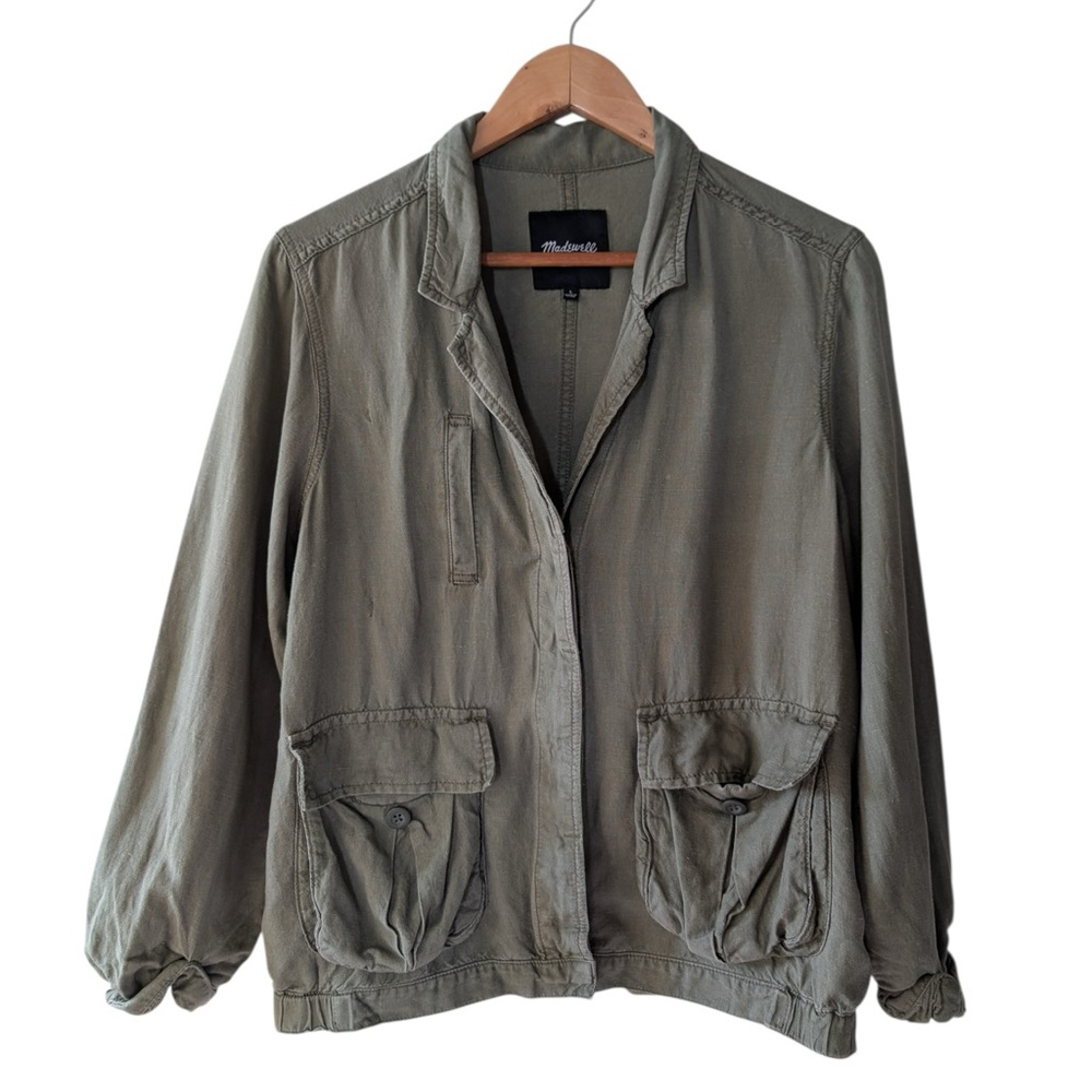 Madewell Utility Cargo Jacket in Olive Green Linen Viscose Blend